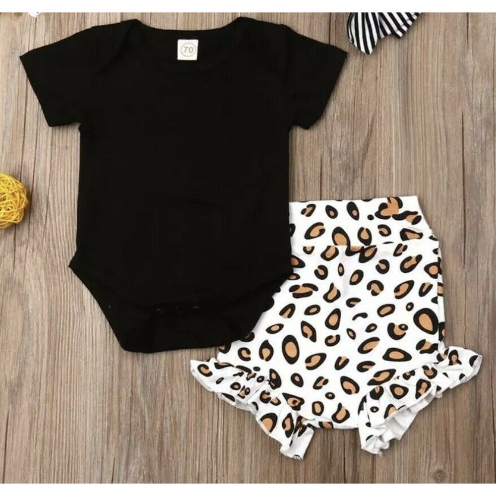 Los Angeles Boutique Black Bodysuit & Cotton Leopard Shorts Set Outfit Cute 18M